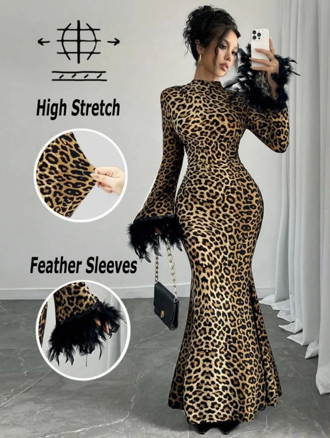 2025-09-13-68c5a4512fb86 فستان بطبعة جلد النمر بأكمام ريش - الصورة 4