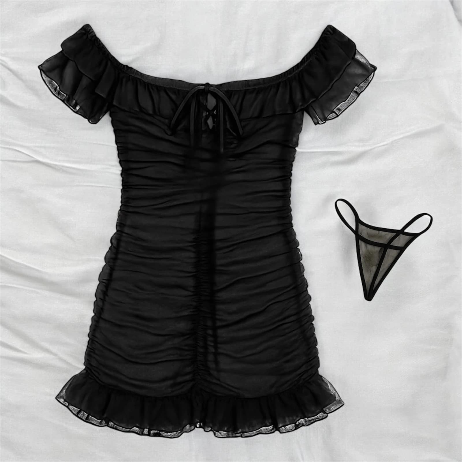 2025-09-18-68cb3af4cc381 لانجري شيفون أسود بكشكش - الصورة 6