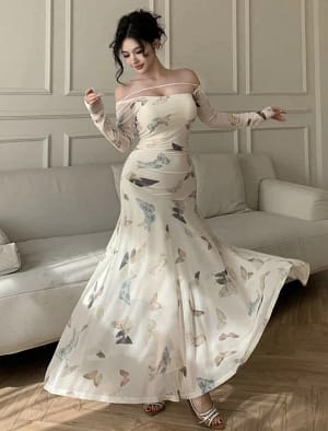 فستان بنقشة فراشات – أوف شولدر،