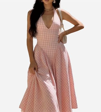 ⁦فستان ماكسي صيفي برقبة على شكل حرف V للنساء من قماش قطني، طويل فضفاض مع جيوب⁩ - الصورة ⁦7⁩