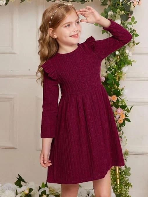 فستان للبنات بأكمام طويلة وقبة دائرية مزخرف بالكشكشة ومصنوع من قماش محبوك بقصة ا فستان للبنات بأكمام طويلة وقبة دائرية مزخرف بالكشكشة ومصنوع من قماش محبوك بقصة ا