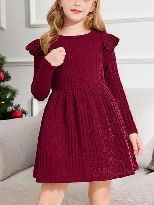 فستان للبنات بأكمام طويلة وقبة دائرية مزخرف بالكشكشة ومصنوع من قماش محبوك بقصة ا فستان للبنات بأكمام طويلة وقبة دائرية مزخرف بالكشكشة ومصنوع من قماش محبوك بقصة ا