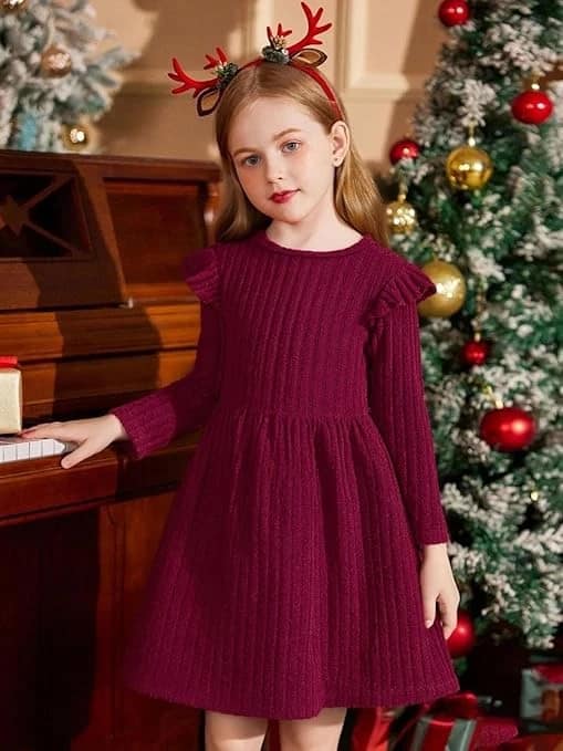 فستان للبنات بأكمام طويلة وقبة دائرية مزخرف بالكشكشة ومصنوع من قماش محبوك بقصة ا فستان للبنات بأكمام طويلة وقبة دائرية مزخرف بالكشكشة ومصنوع من قماش محبوك بقصة ا