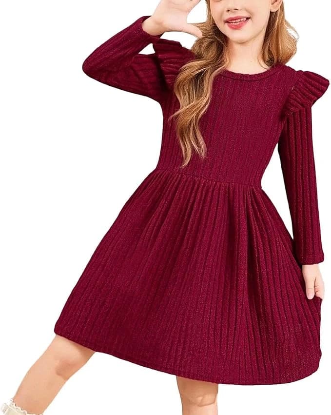 فستان للبنات بأكمام طويلة وقبة دائرية مزخرف بالكشكشة ومصنوع من قماش محبوك بقصة ا فستان للبنات بأكمام طويلة وقبة دائرية مزخرف بالكشكشة ومصنوع من قماش محبوك بقصة ا